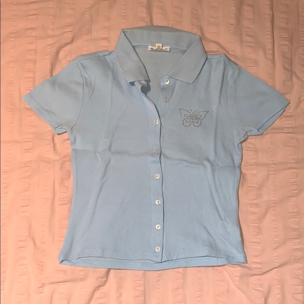 Light Blue Button-Up Shirt with Butterfly Embroidery